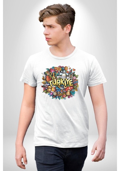 Turkiye Özel Karakterleri Unisex Unisex Beyaz Organik Baskılı T-shirt Penye Yüksek Kalite Beyaz