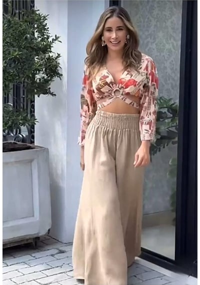Dijital Baskılı Halka Detaylı Büstiyer Ve Keten Gipe Detaylı Pantalon 001