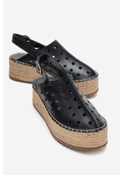 Luvishoes Fraga Siyah Cilt Hakiki Deri Kadın Hasır Dolgu Taban Sandalet Siyah