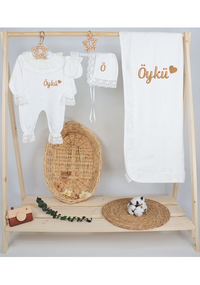 Gros Shop %100 Pamuk Organik Dantelli Tulum 4'lü Hastane Çıkış Seti Kişiye Beyaz
