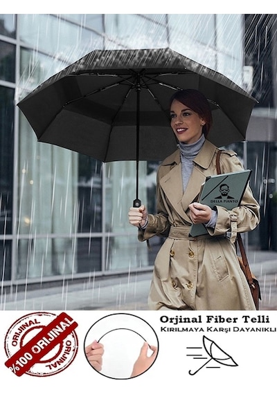 Unisex Full Otomatik Açma Kapama Siyah Şemsiye Unisex 8 Fiber Tel Kaliteli Şemsiye Siyah