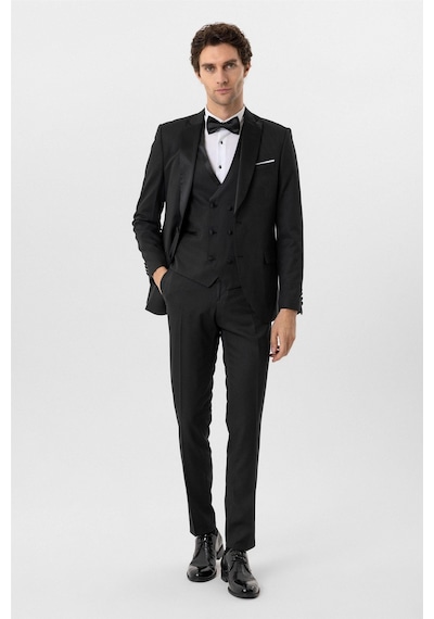 Süvari Siyah Slim Fit Armürlü Sivri Yaka 6 Drop Smokin & Damatlık