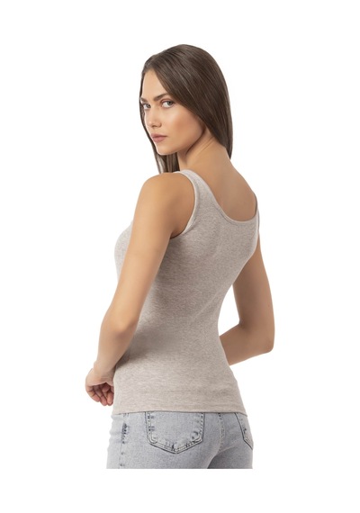 Özkan Underwear Özkan 27063 Kadın Pamuklu Likralı Kaşkorse Fitilli Esnek Rahat Önü Patlı Kalın Askılı Örme Atlet Gri Melanj