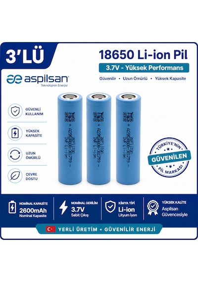 Aspilsan 18650 2600mah 3.7v Li-ion Şarjlı Pil 3'lü Paket  Inr18650a28 Lityum İyon Batarya Yerli Üretim
