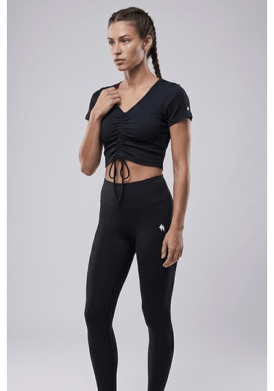 Woneagle Lacivert V Yaka İp Büzgülü Crop Basic Tişört Lacivert Lacivert