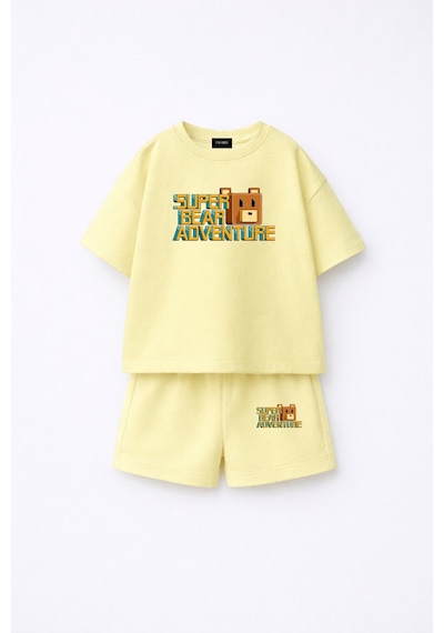 Fasardi Super Bear Adventure Süper Ayı Baskılı Oversize %100 Pamuk Tişört Şort 2li Çocuk Takım Limon
