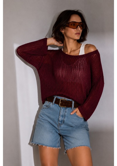 Bisou Siyah Ajurlu Triko Kazak Kayık Yaka Oversize İnce Örgü Yazlık Mevsimlik Bluz Bordo