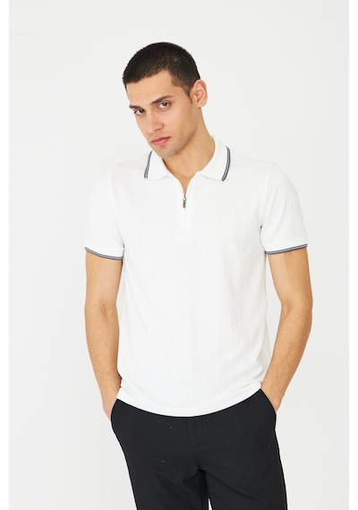 Beyaz Fermuarlı Polo Yaka Erkek T-shirt Beyaz