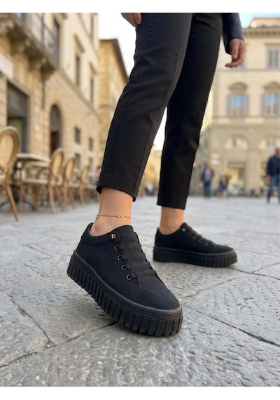 Gamelu Vıgor Kadın Lastikli Memory Foam Kalın Taban Keten Sneaker Ayakkabı Siyah