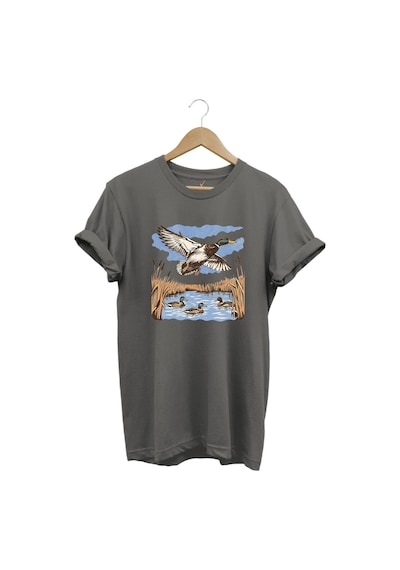 Hunting Avcılık Ördek Avı Sazlık Göl Baskılı %100 Pamuk Regular Fit Unisex T-shirt Gri