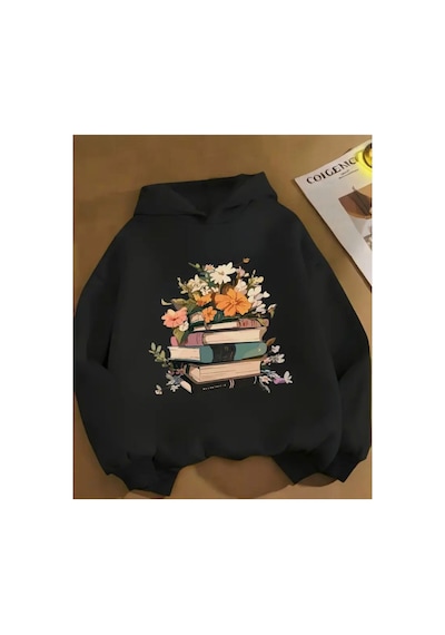 Herkesemoda Kitap Ve Çiçek Baskı Detaylı İçi Polarlı Kapüşonlu Sweatshirt Siyah