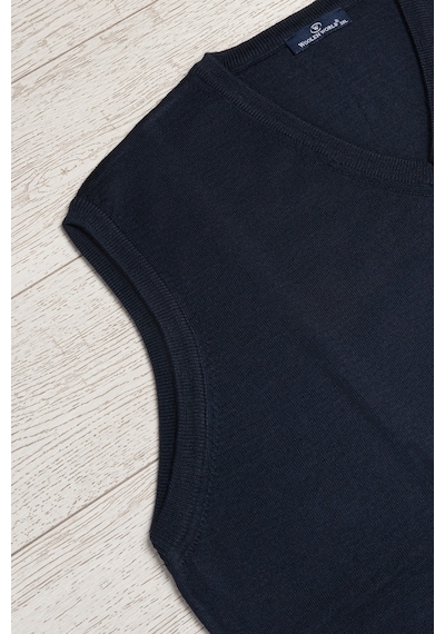 Woolen World V Yaka Battal Büyük Boy Yünlü Kolsuz Triko Süveter Lacivert