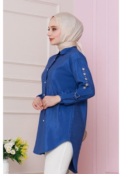 Sevitli Kolu Çakım Detaylı Tunik-mavi-4730 Mavi