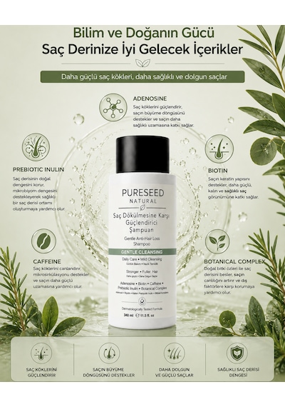 Pureseed Natural Saç Dökülmesine Karşı Güçlendirici Şampuan - Nazik Bakım - 340 Ml