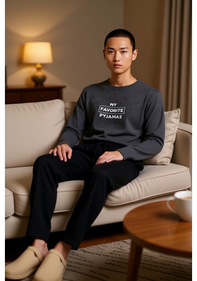 Erkek Antrasit Baskılı Sweatshirt Ve Pantolon Ev Giyim Takımı Fon