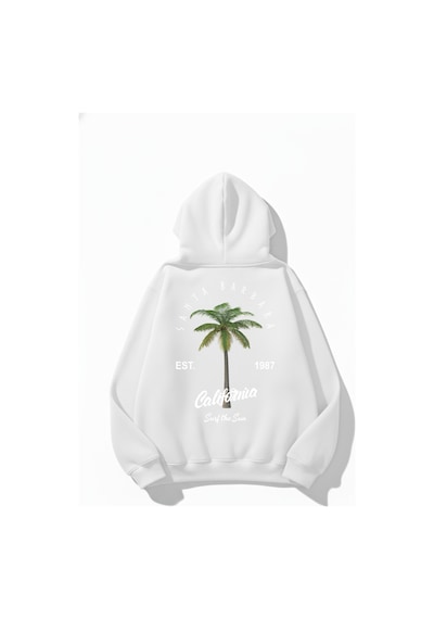 Uyguntarz Unisex Yumuşak Dokulu California Retro Baskılı Tasarım Oversize 3 İplik Hoodie Sweatshirt beyaz