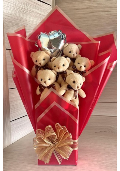 Premium 6 Li Bej Peluş Ayıcık Buketi Kalp Balonlu Arkadaşa, Eşe, Sevgiliye Hediye
