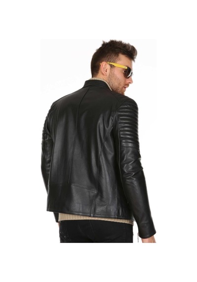 Deriwork Hakiki Kuzu Derisi Üç Cepli Kol İşlemeli Erkek Deri Ceket Siyah Siyah