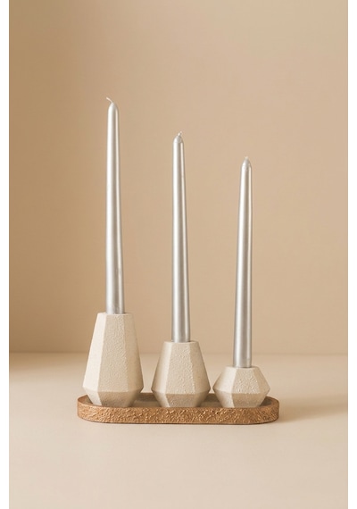 Giselle Trio Silver Candle & Cream Geometric Set Açık Bej