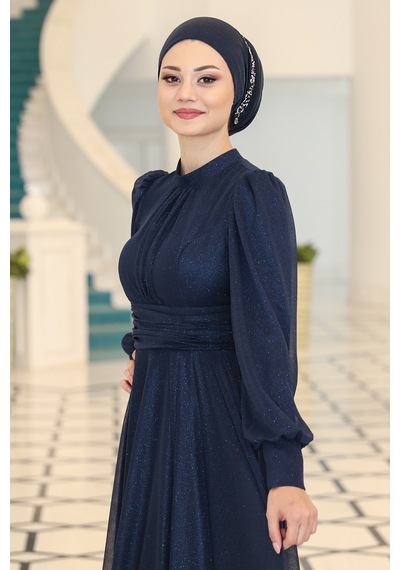 Raika Moda Şık Tasarım Tül Kübra Abiye Lacivert