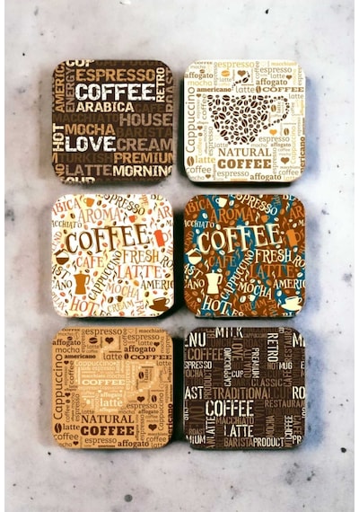 Çay Kahve Coffee Retro Vintage Ahşap Bardak Altlığı Seti 6 Adet Ahşap