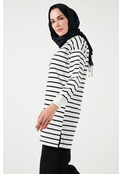 Lela Modest Çizgili Pamuklu Regular Fit Bisiklet Yaka Bayan Tunik 5865784 Beyaz