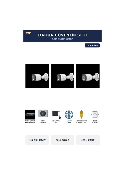 3 Kameralı 2mp Güvenlik Kamera Seti Gece Renkli Full Color Sesli Bullet 500gb 15 Gün Kayıt