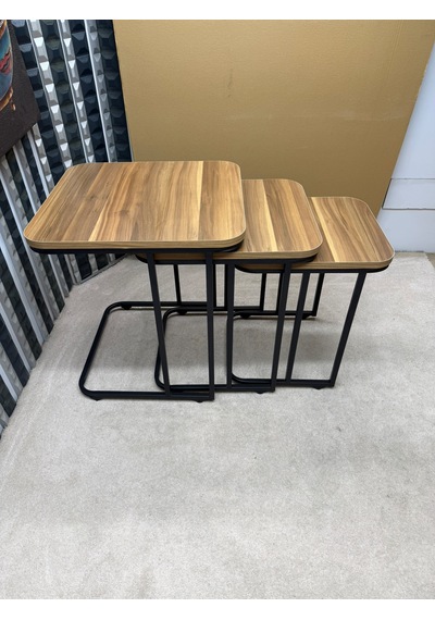 3 Lü Zigon Sehpa Seti Metal Ayaklı Ahşap Desen Tabla Modern Tasarım Amalfi Cevizi
