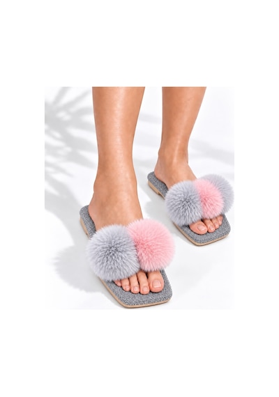 Dabab Shoes Pomella Kadın Gri Çift Ponponlu Peluş Bantlı Kaymaz Tabanlı Önü Açık Ev Terliği