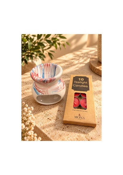Mermer Desenli Seramik Buhurdanlık Ve 10 Lu Tealight Mum Bej