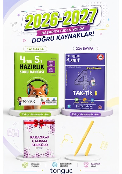 Tonguç 4 Ten 5 E Hazırlık Kitabı + 4. Sınıf Taktikli Soru Bankası Türkçe Matematik Fen Derslerini İçerir