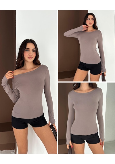 Elaxi Kadın Kayık Yaka Parmak Geçmeli Uzun Kollu Full Likralı Pamuk Viskon Buzzy Body Tişort Vizon Elaxi Kadın Kayık Yaka Parmak Geçmeli Uzun Kollu Full Likralı Pamuk Viskon Buzzy Body Tişort Vizon