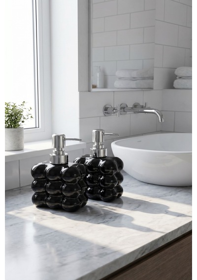 Buççin Online Mağaza 2 Adet Bubble Cam Sıvı Sabunluk, 300 Ml + 300 Ml - Siyah, 9,5x6,5x15 Cm Cam Siyah Çok Renkli