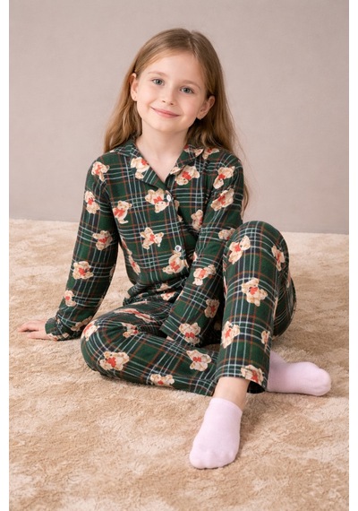 Beka Kids Yeşil Ekose Ve Ayıcık Desenli Uzun Kollu Önden Düğmeli Gömlek Yaka Kız Çocuk Mevsimik Pijama Takımı Beka Kids Yeşil Ekose Ve Ayıcık Desenli Uzun Kollu Önden Düğmeli Gömlek Yaka Kız Çocuk Mevsimik Pijama Takımı