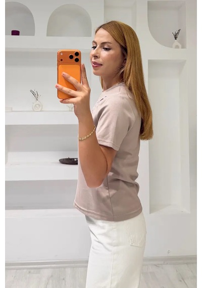 Fiolin Soft Touch Modal Kumaş Nakışlı Lazer Kesim T-shirt Bej