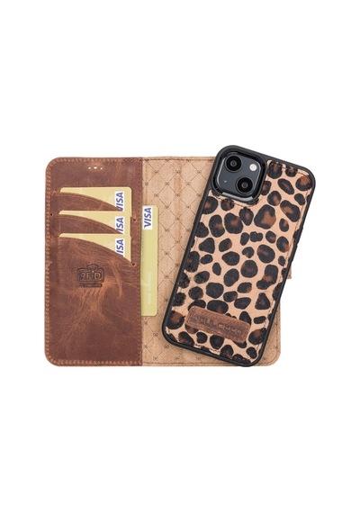 Bouletta Apple İphone 13 Uyumlu Deri Cüzdanlı Kılıf Leo-1 Leopar