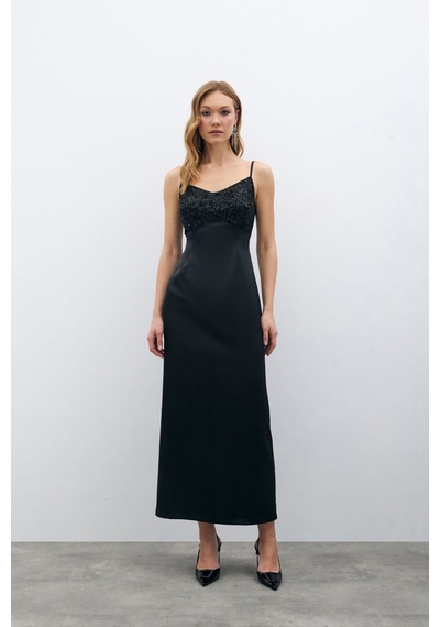 Sateen Payet Detaylı Saten Elbise - Siyah-135686 Siyah