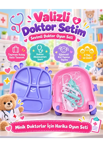 Oyuncak Çekçek Valizli Aksesuarlı Makyaj Doktor Tamir Set Taşınabilir Tekerlekli Renkli Çantalı Bavul Güzellik Eğitici Meslek Seti 50x25 Cm Çok Renkli