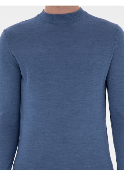 Cacharel Koyu Mavi Slim Fit Yün Karışımlı Çeyrek Balıkçı Yaka Basic Triko Kazak