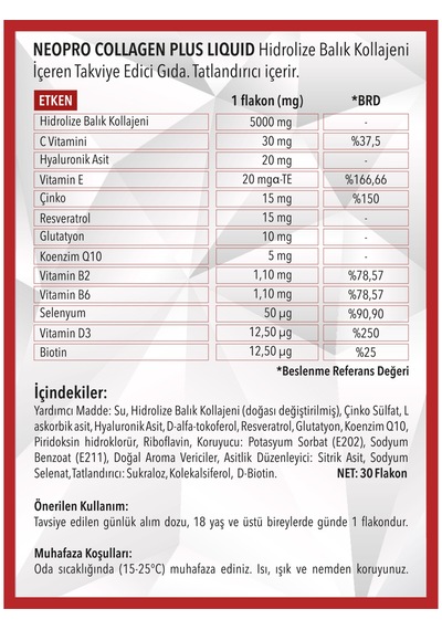Neopro Collagen Plus Likit 30'lu Flakon - Hidrolize Balık Kolajeni, C Vitamini, Hyaluronik Asit