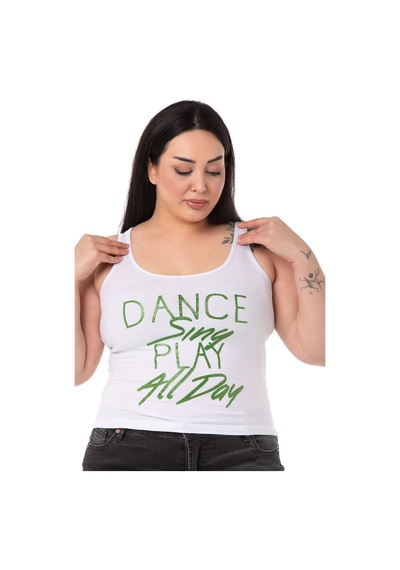 Disentis Büyük Beden Askılı Yazılı Beyaz Yeşil T-shirt-yeşil Yeşil