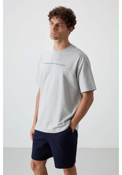 Air Jones Tommy Life Taş Pamuklu Kalın Yüzeyi Dokulu Oversize Fit Baskılı Erkek T-shirt - 88371 Taş