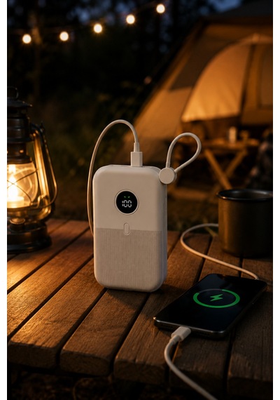 10000mah Powerbank 22.5w Hızlı Şarjlı Taşınabilir Şarj Cihazı Dahili Kablolu Krem