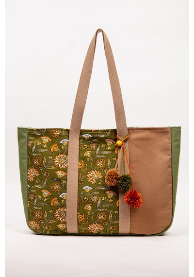 Fabric Craft Bag Omuz Çantası Kadın Duck Kumaş Desenli Büyük Boy Günlük Çanta Kahverengi - Yeşil