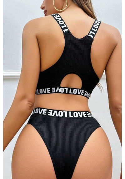 Epilons Zenviaatt2 Kadın Siyah Çapraz Sırt Ve Love Lastik Detaylı Sütyen Külot Takım Zenvi312