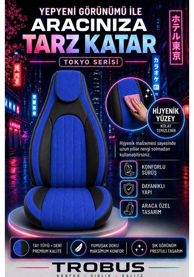 Fiat Albea 2002-2012 Bel Destekli Tay Tüyü Koltuk Kılıfı Tokyo Serisi Mavi Siyah