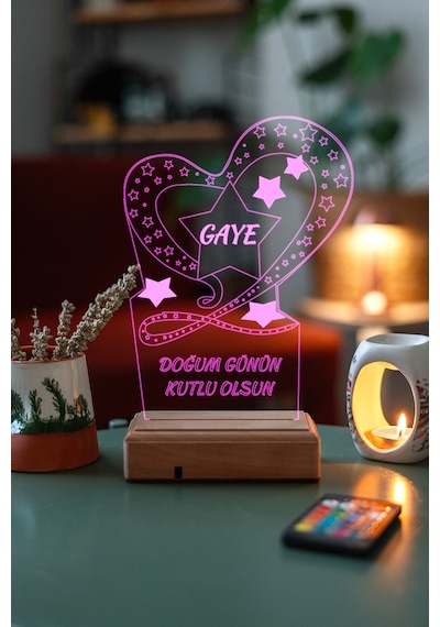 Kişiye Özel Doğum Günü Hediyesi Kalp Ve Yıldızlar 3D Led Lamba
