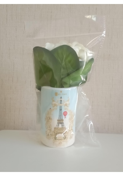 Vazoda Beyaz Yapay Çiçek Dekoratif Romantik Yeşil Model Vazo Dahil 7 x 7 x 16 CM