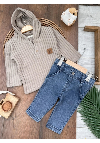 Bebicix Yumuşak Doku Sweatshirt Esnek Kot Pantalonlu Erkek Bebek 2'li Takım Kahverengi