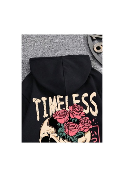 Medinenur Timeless Kuru Kafa Baskılı Kapüşonlu Cepli Sweatshirt Siyah